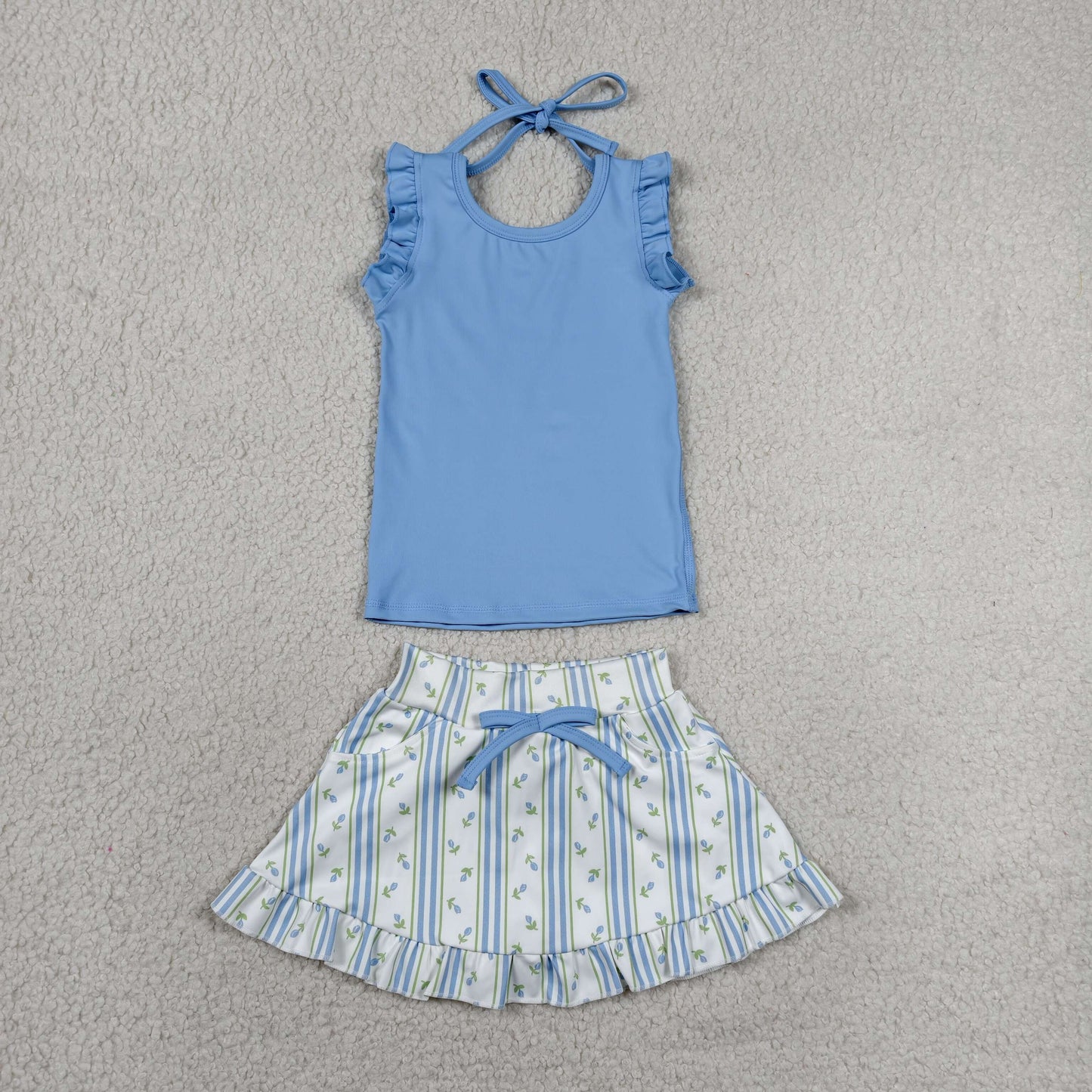 RTS NO MOQ yoga fabric GSD3906 Girls Floral Stripe Sleeveless Top Skort Two Piece Outfits Set