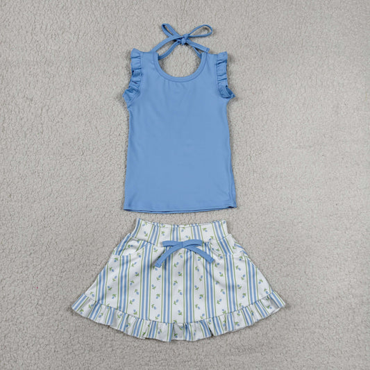 RTS NO MOQ yoga fabric GSD3906 Girls Floral Stripe Sleeveless Top Skort Two Piece Outfits Set