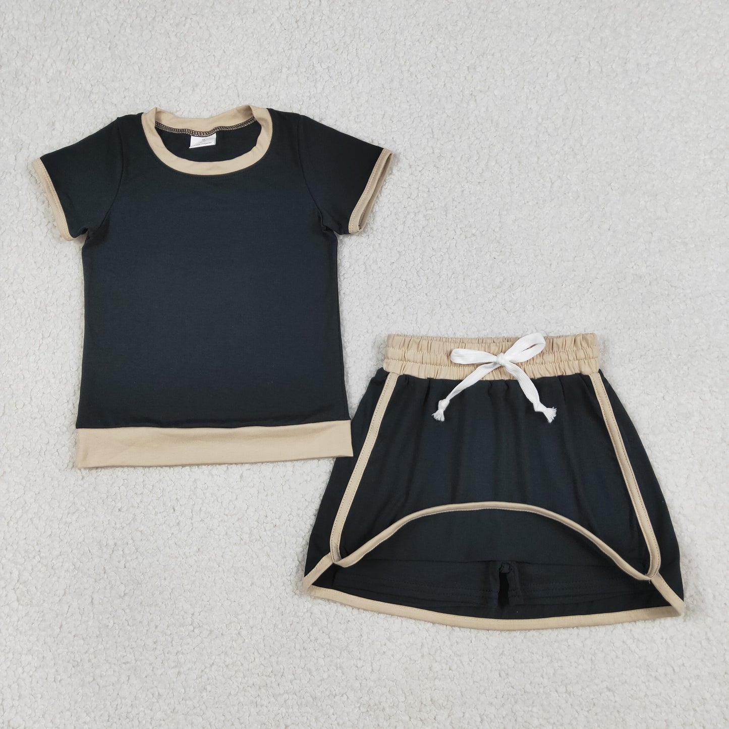 RTS NO MOQ GSD3923 Baby Girls Cotton Clothes Set with Short Sleeve Black Top And Skirt Shorts for Spring/Summer