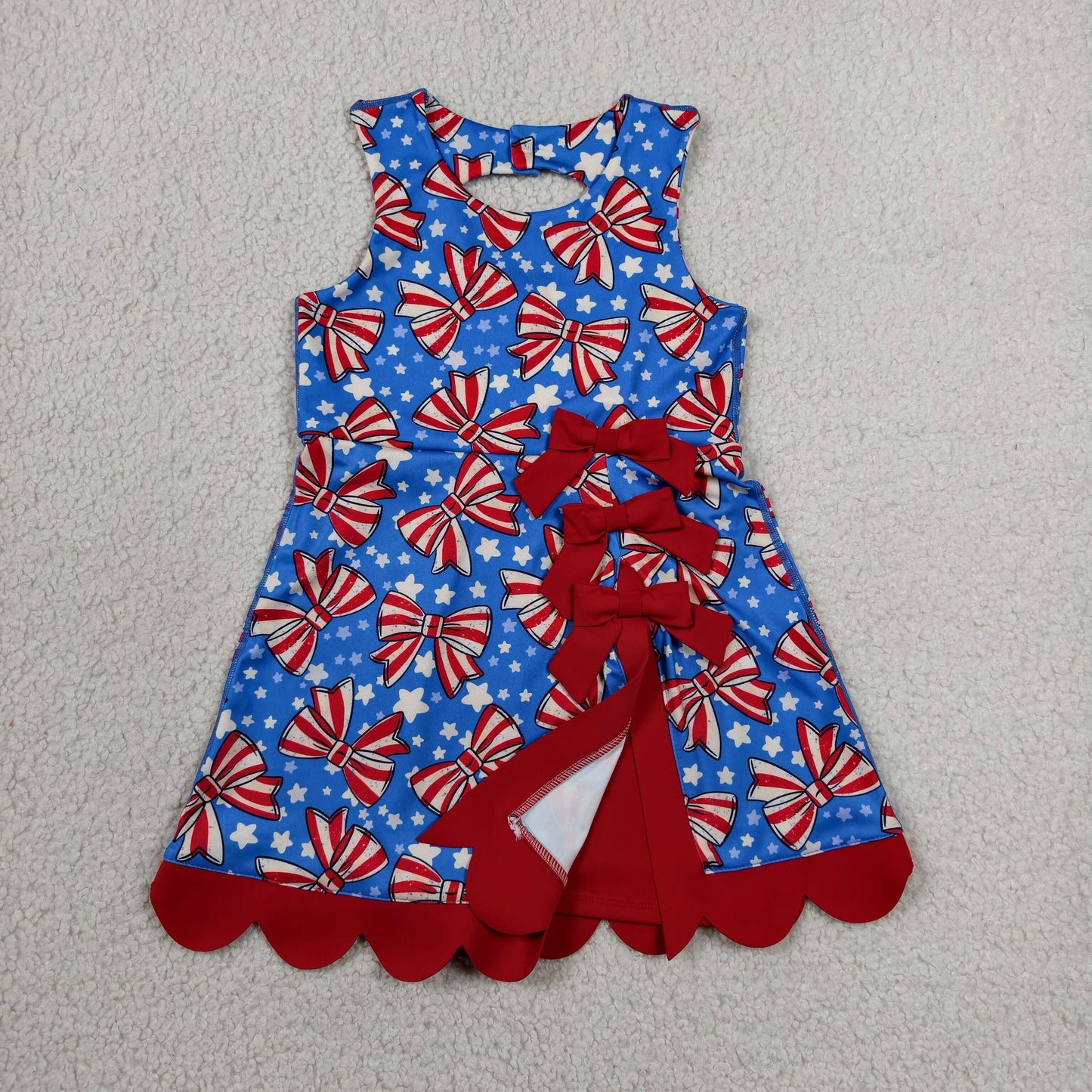 RTS NO MOQ yoga fabric GSD3925 Baby Girls Cute Flag Bow Star 4th Of July Yoga Active Scallop Knee Length Dress