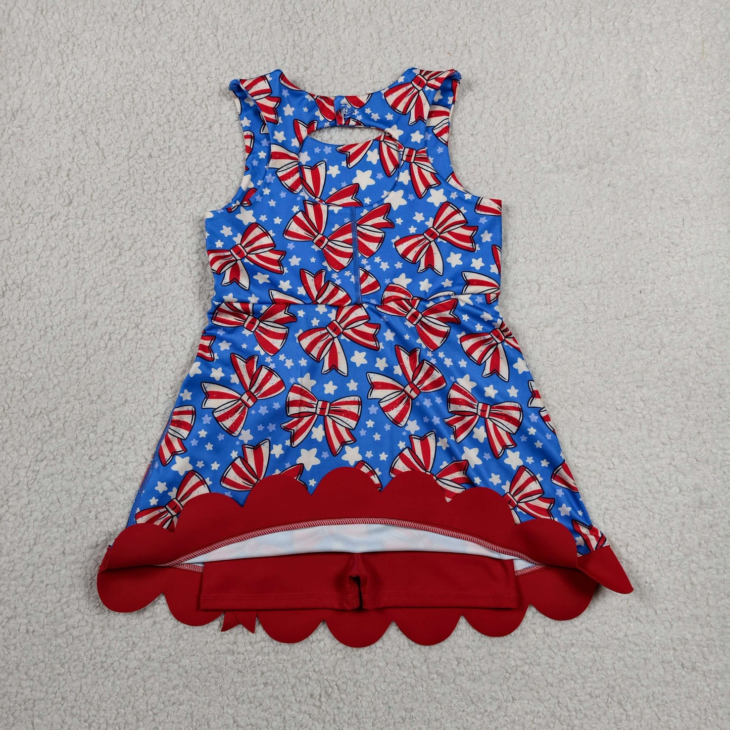 RTS NO MOQ yoga fabric GSD3925 Baby Girls Cute Flag Bow Star 4th Of July Yoga Active Scallop Knee Length Dress