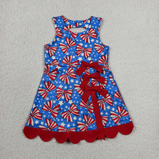 RTS NO MOQ yoga fabric GSD3925 Baby Girls Cute Flag Bow Star 4th Of July Yoga Active Scallop Knee Length Dress