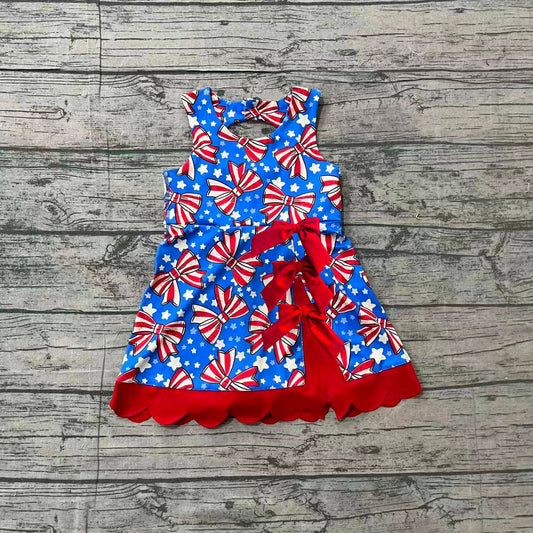 (Pre Order) No moq GSD3925 Yoga Baby Girls Cute Flag Bow Star 4th Of July Yoga Active Scallop Knee Length Dress