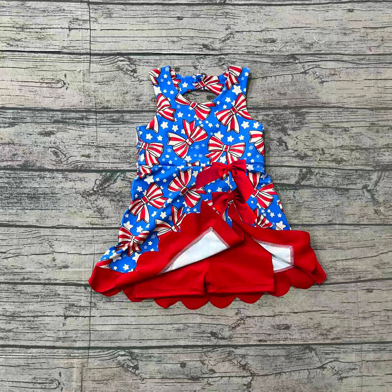 (Pre Order) No moq GSD3925 Yoga Baby Girls Cute Flag Bow Star 4th Of July Yoga Active Scallop Knee Length Dress