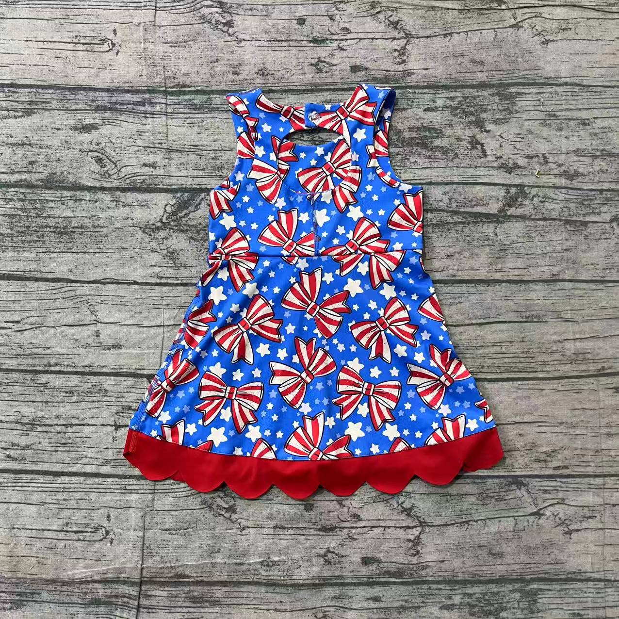 (Pre Order) No moq GSD3925 Yoga Baby Girls Cute Flag Bow Star 4th Of July Yoga Active Scallop Knee Length Dress