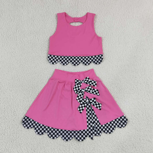 NEW RTS NO MOQ yoga fabric GSD3926 Baby Girls Pink Sleeveless Bow Vest Top Scallop Hem Shorts Yoga Active Matching Clothes Set