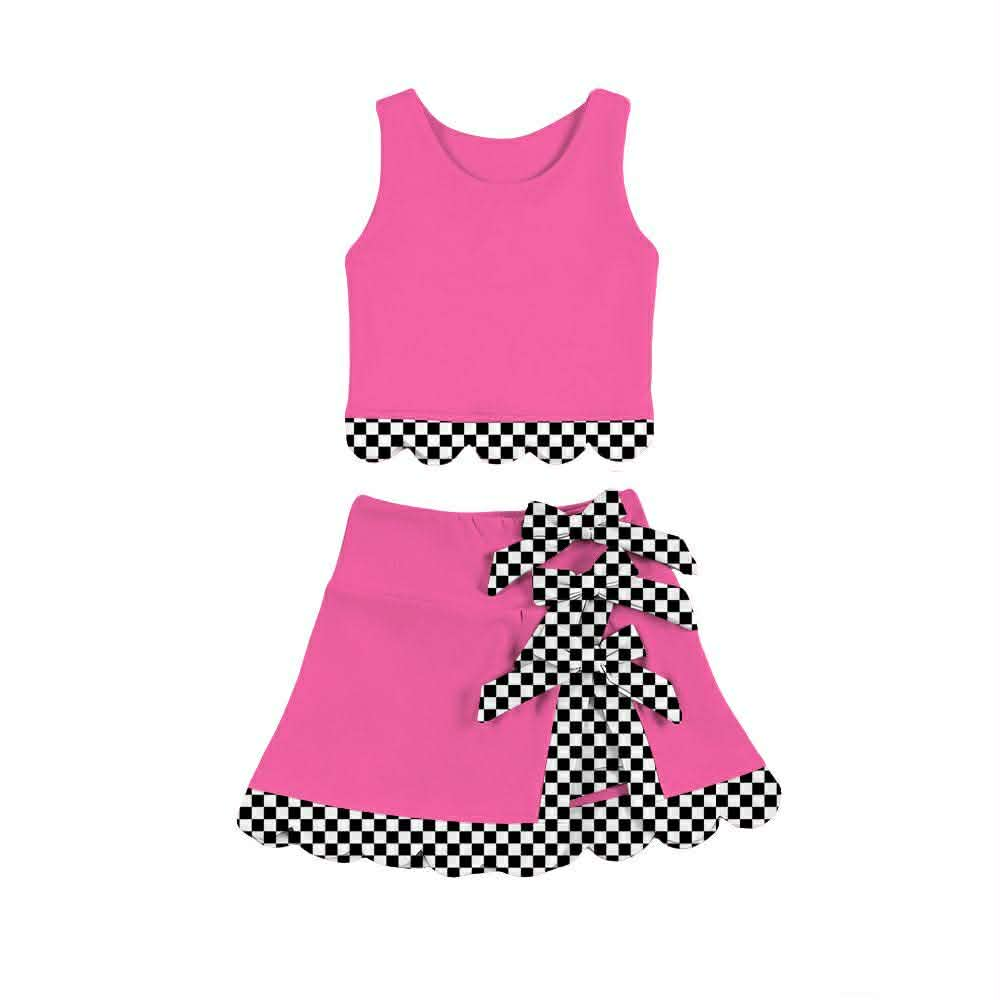 (Pre Order) No moq GSD3926 Baby Girls Pink Sleeveless Bow Vest Top Scallop Hem Shorts Two Piece Yoga Active Matching Clothes Set