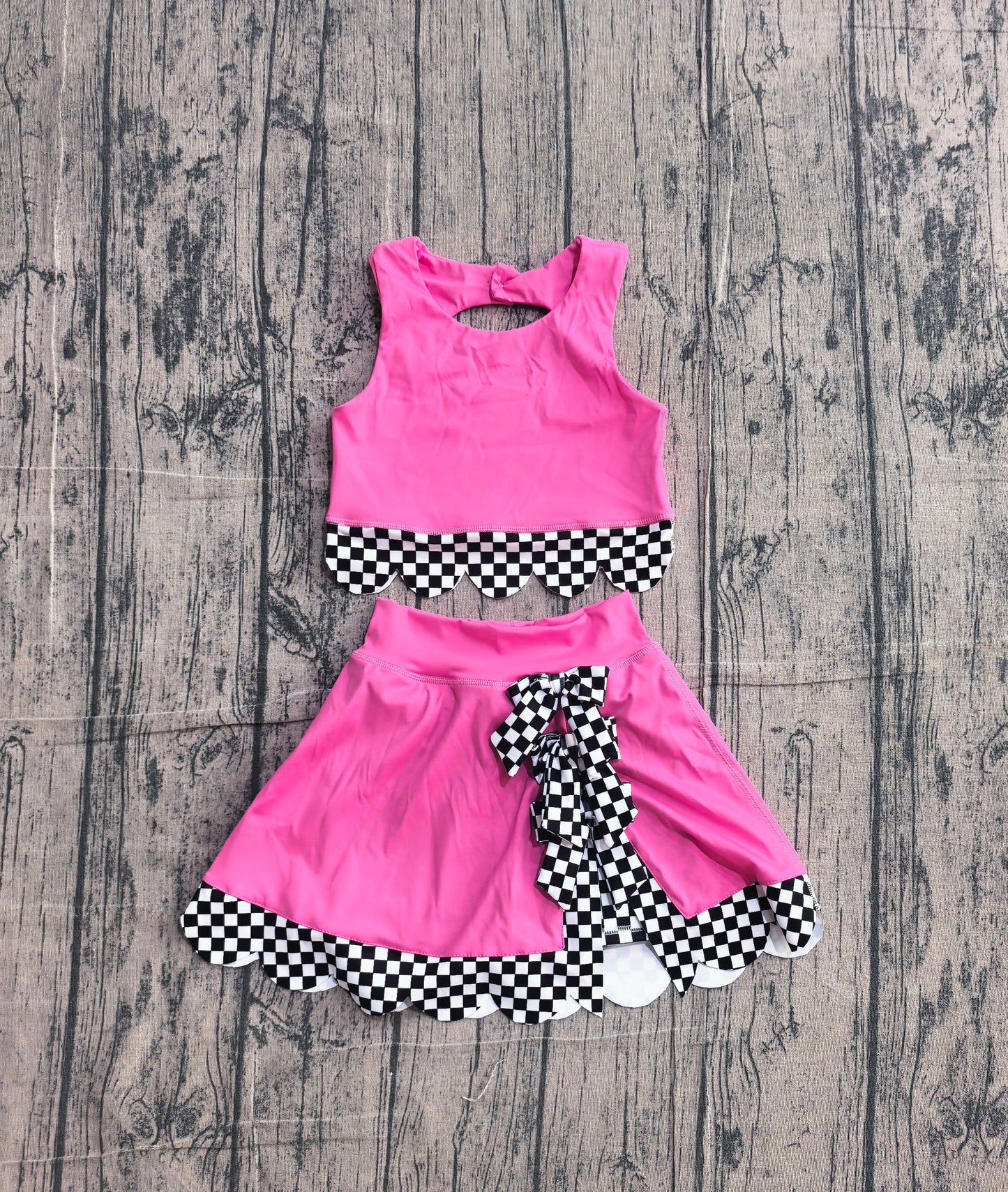 (Pre Order) No moq GSD4026 Pink Sleeveless Bow Top Scallop Active Sets For Baby Girls