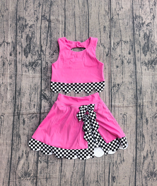(Pre Order) No moq GSD4026 Pink Sleeveless Bow Top Scallop Active Sets For Baby Girls