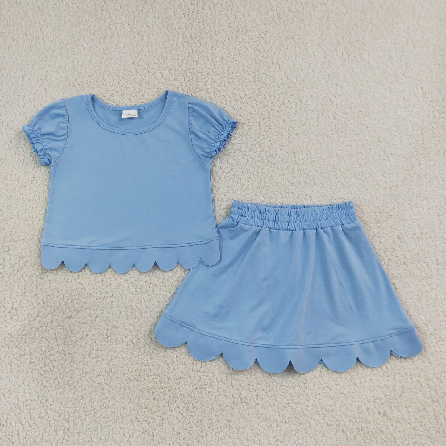 RTS NO MOQ Sibling cotton Baby Girls Short Ruffle Sleeve Top Matching Scallop Skort Two Piece Clothes Set