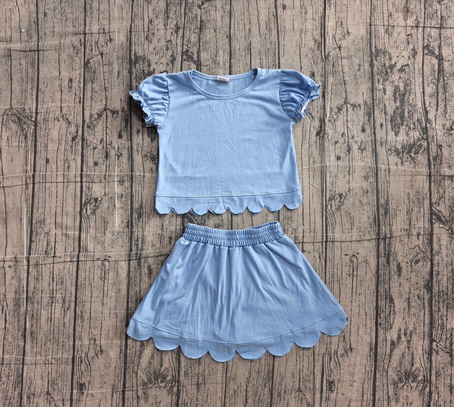 (Sample) No moq GSD3933 Baby Girls Blue Ruffle Short Sleeve Scallop Trim Skort Daily Matching Outfit