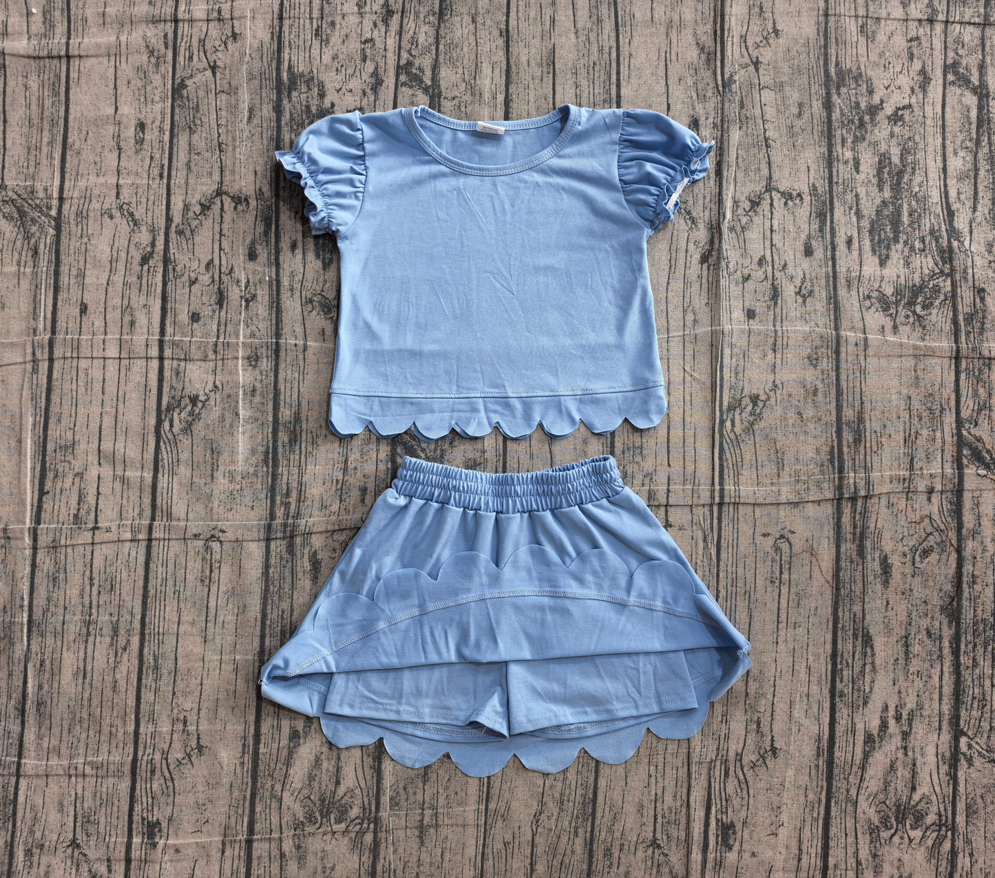(Sample) No moq GSD3933 Baby Girls Blue Ruffle Short Sleeve Scallop Trim Skort Daily Matching Outfit