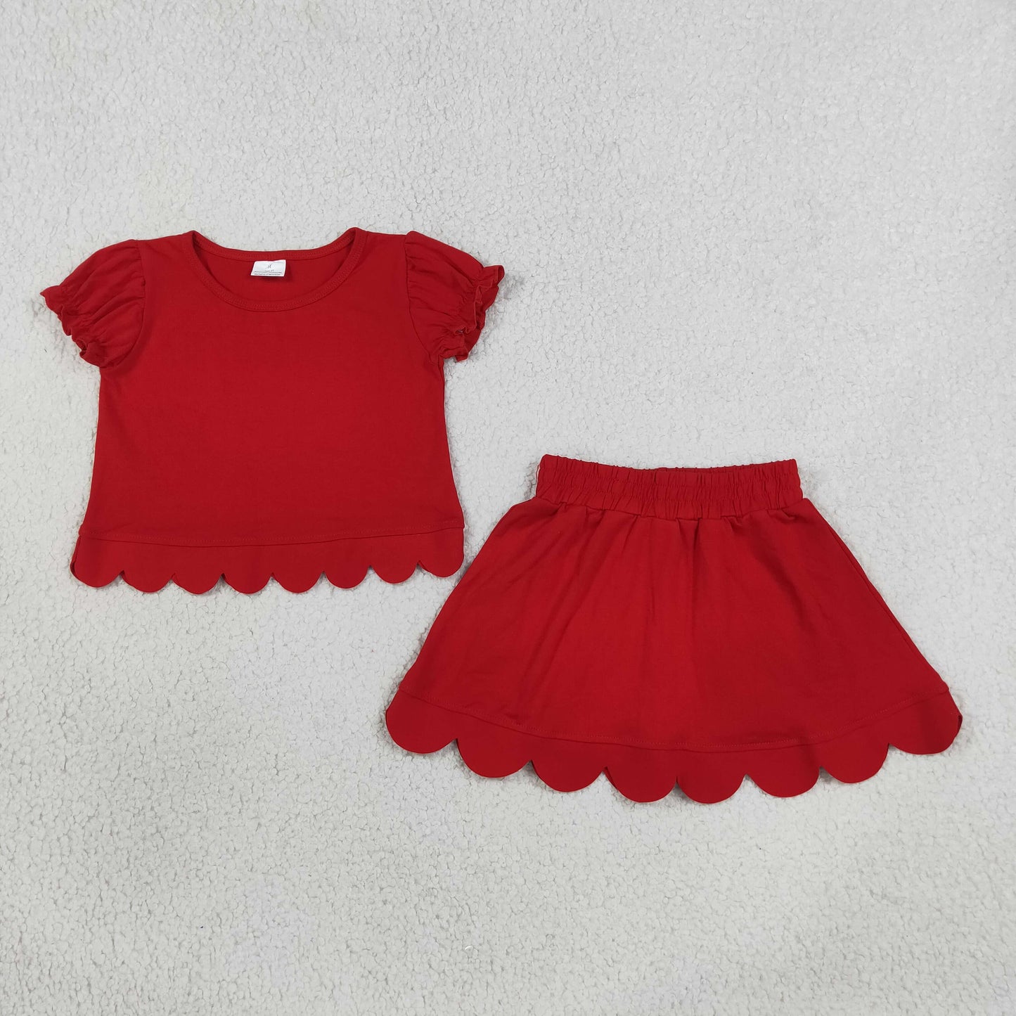 RTS NO MOQ Sibling cotton Baby Girls Short Ruffle Sleeve Top Matching Scallop Skort Two Piece Clothes Set