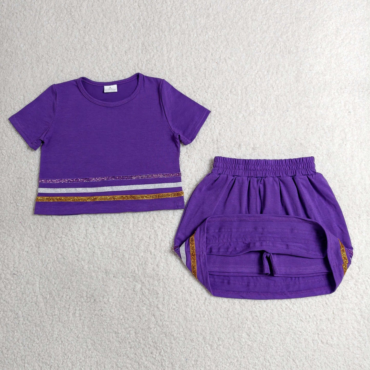 RTS NO MOQ cotton GSD3944 Baby Girls Purple Stripe Short Sleeve Top Skirt Set