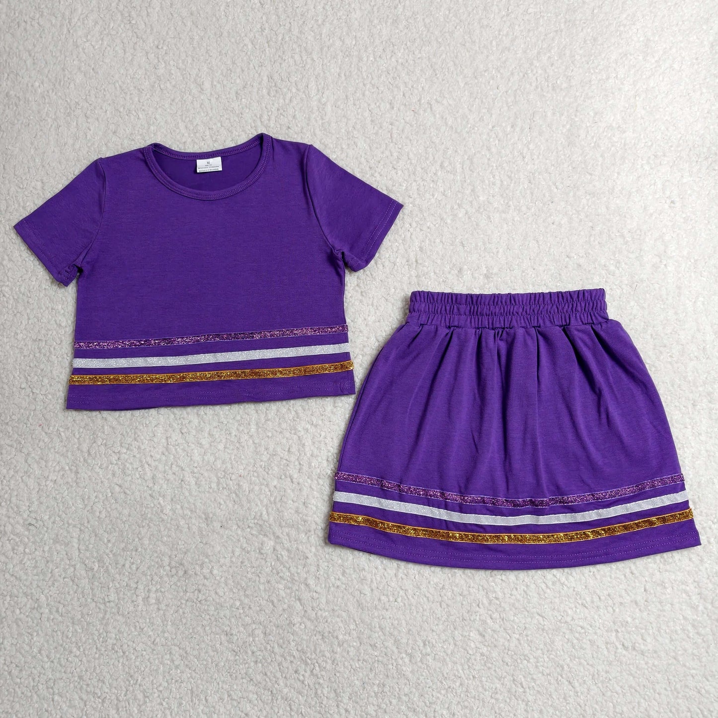 RTS NO MOQ cotton GSD3944 Baby Girls Purple Stripe Short Sleeve Top Skirt Set