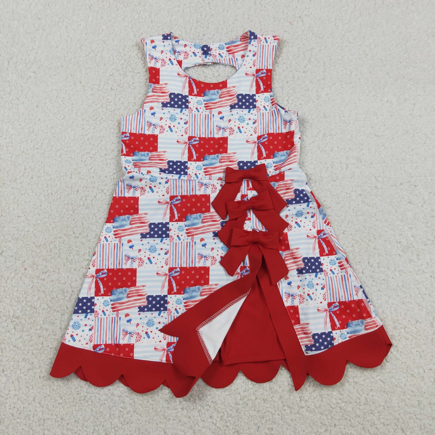 RTS NO MOQ yoga fabric GSD3945 Baby Girls Cute Bows And Flags Print 4th of July Scallop Trim Yoga Dress