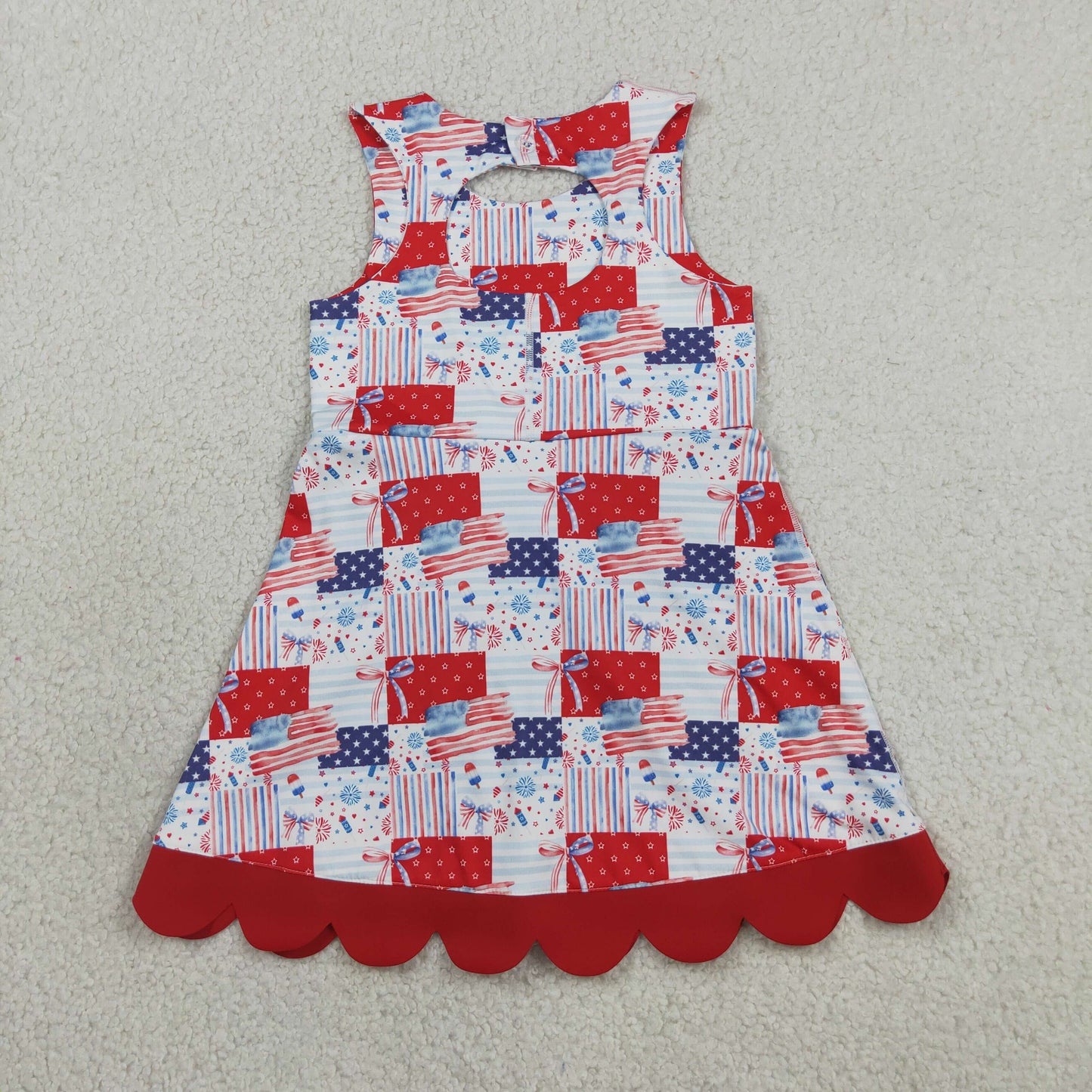 RTS NO MOQ yoga fabric GSD3945 Baby Girls Cute Bows And Flags Print 4th of July Scallop Trim Yoga Dress
