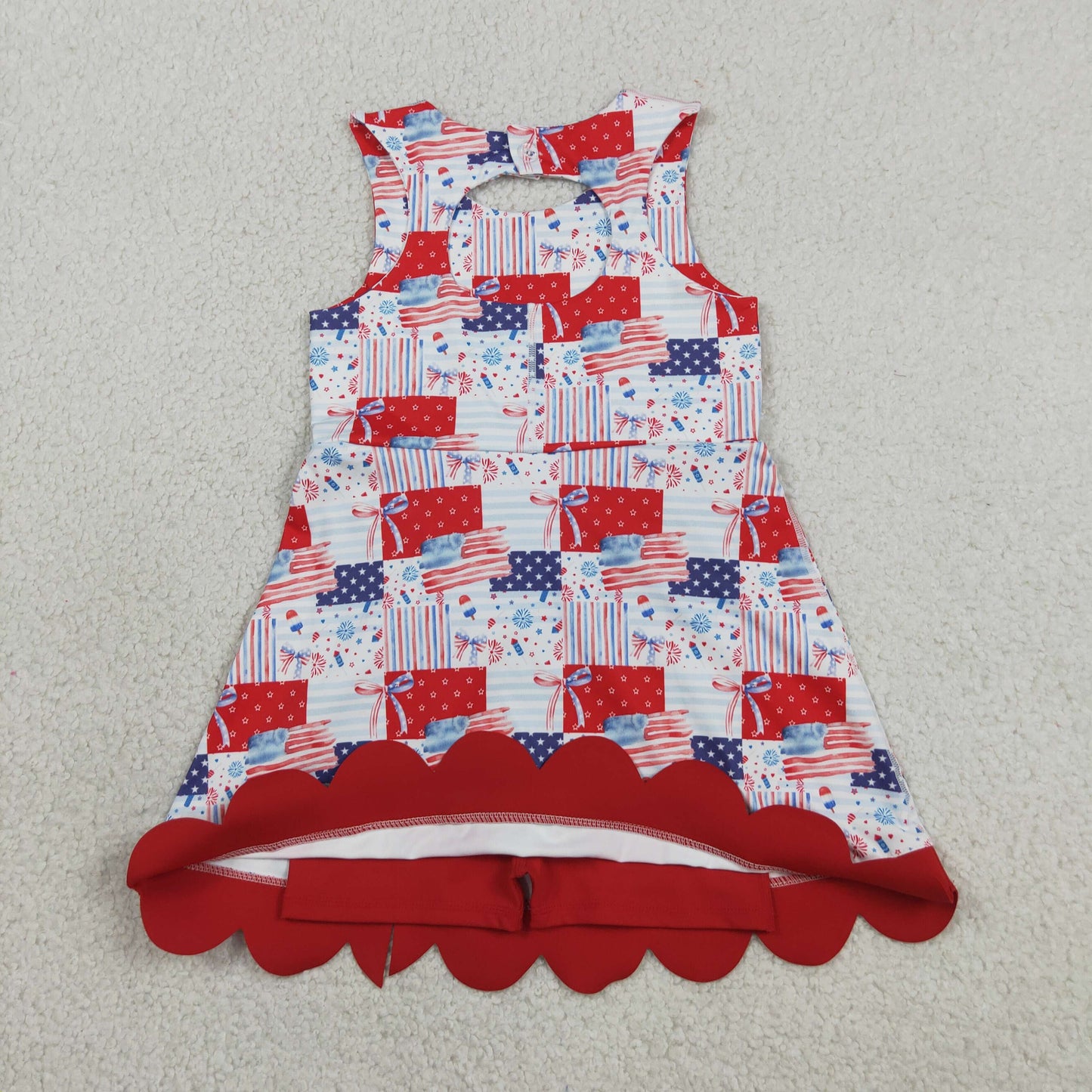 RTS NO MOQ yoga fabric GSD3945 Baby Girls Cute Bows And Flags Print 4th of July Scallop Trim Yoga Dress