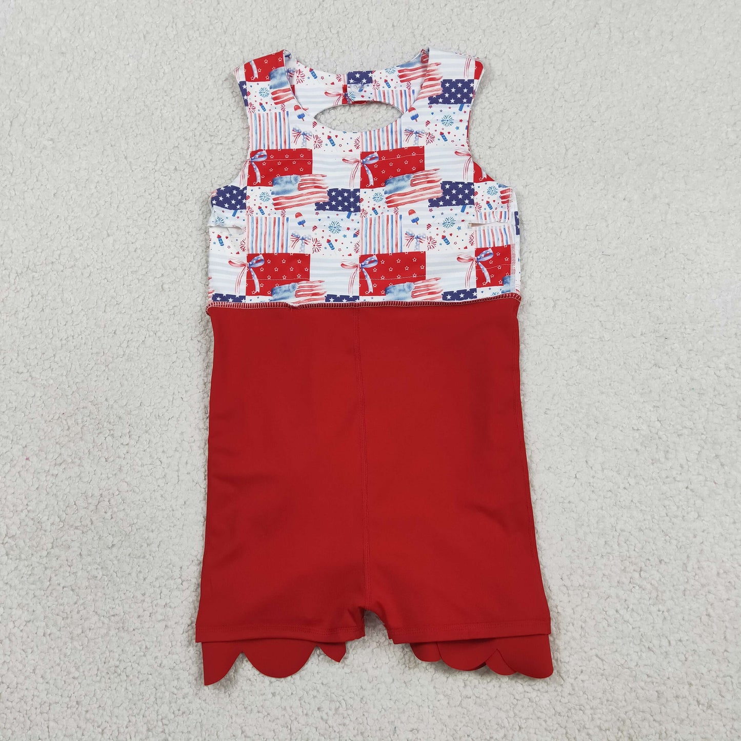 RTS NO MOQ yoga fabric GSD3945 Baby Girls Cute Bows And Flags Print 4th of July Scallop Trim Yoga Dress