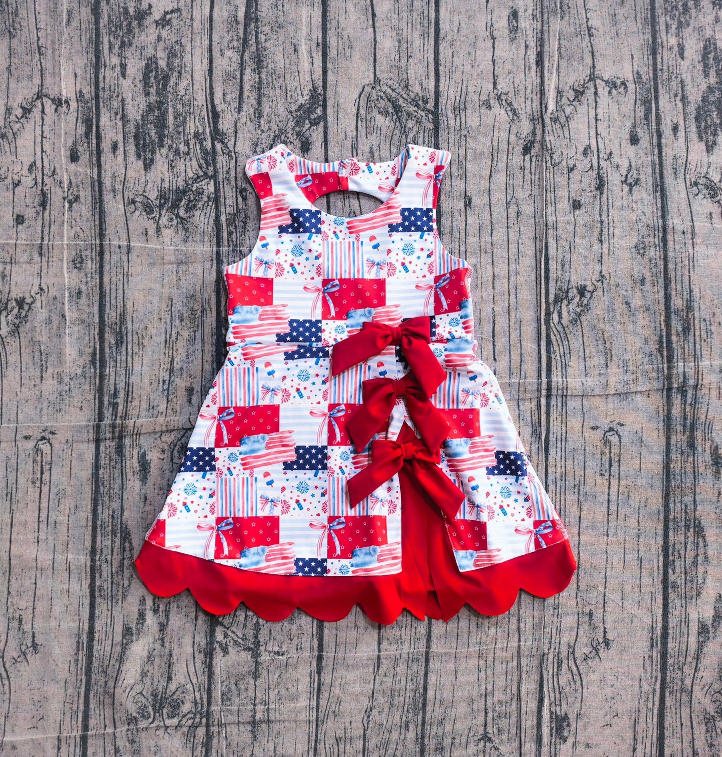 (Pre Order) No moq Baby Girls Bows Flags 4th of July Yoga Active Scallop Short Knee Length Dress