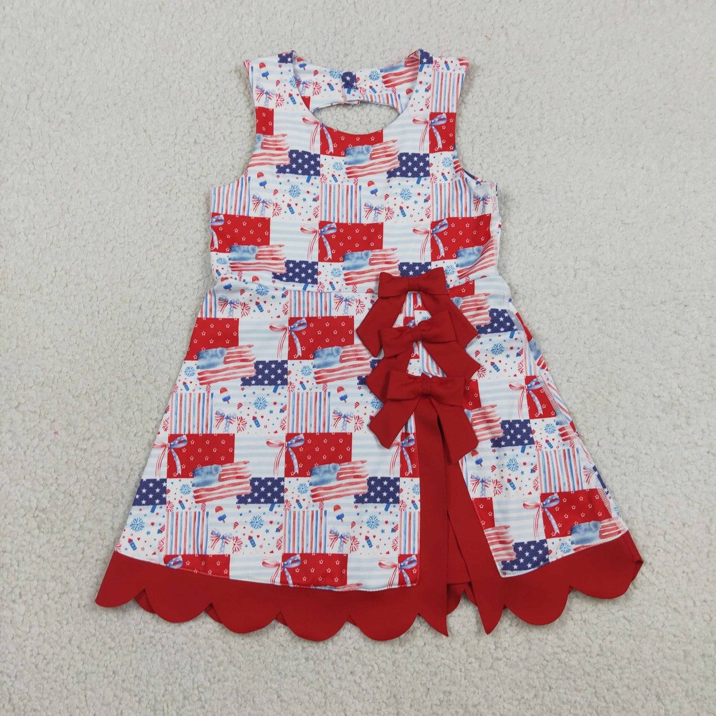 RTS NO MOQ yoga fabric GSD3945 Baby Girls Cute Bows And Flags Print 4th of July Scallop Trim Yoga Dress