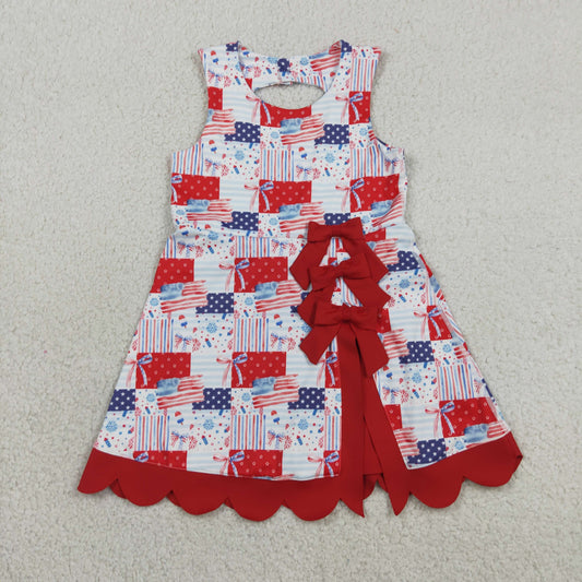 RTS NO MOQ yoga fabric GSD3945 Baby Girls Cute Bows And Flags Print 4th of July Scallop Trim Yoga Dress