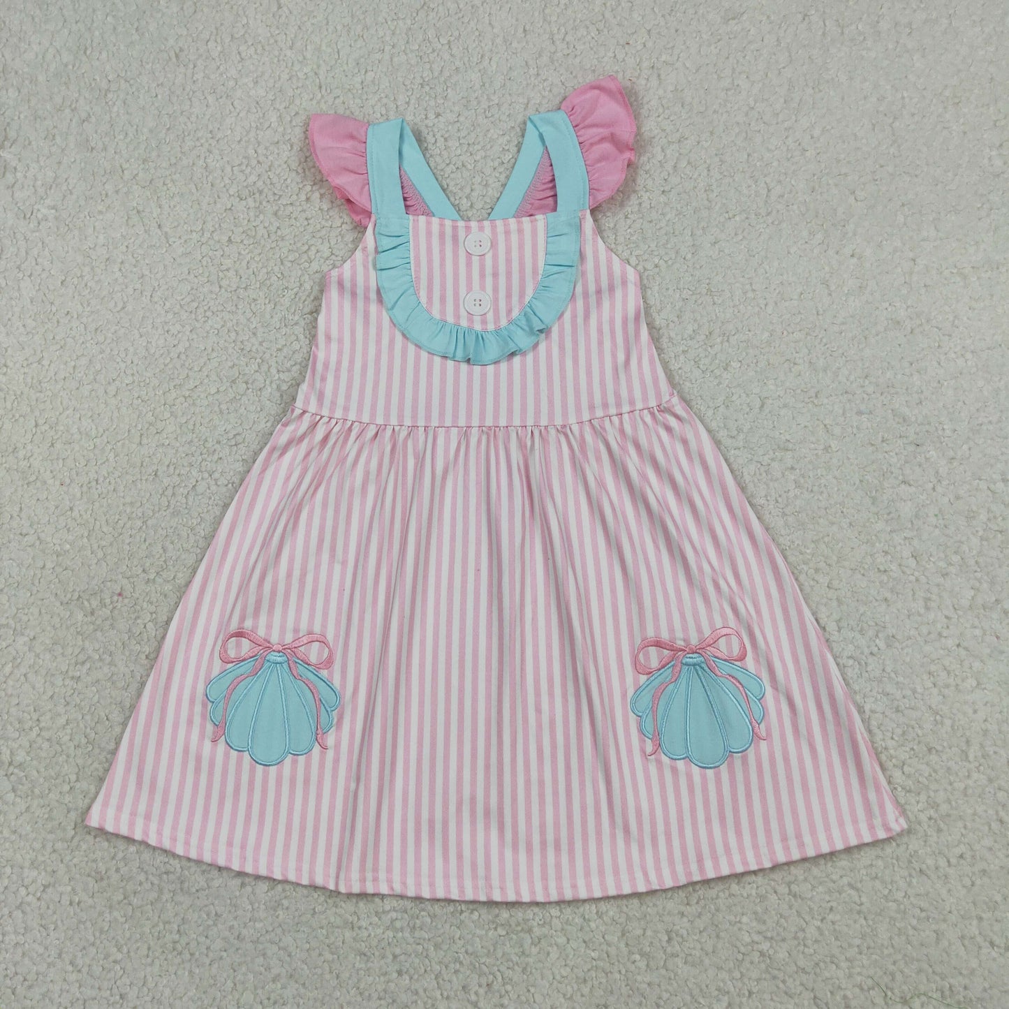 RTS NO MOQ milk silk GSD3958 Baby Girls Embroidery Pink Stripe Button Bows Pockets Knee Length Dresses