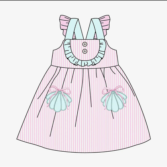 (Pre Order) No moq GSD3958 Baby Girl's Pink Striped Dress with Flutter Sleeves Cute Infant Clothing