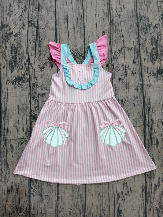 (Pre Order) No moq GSD3958 Embroidery Baby Girls Sweet Pink Stripe Embroidery Bow Pocket Knee Length Dresses