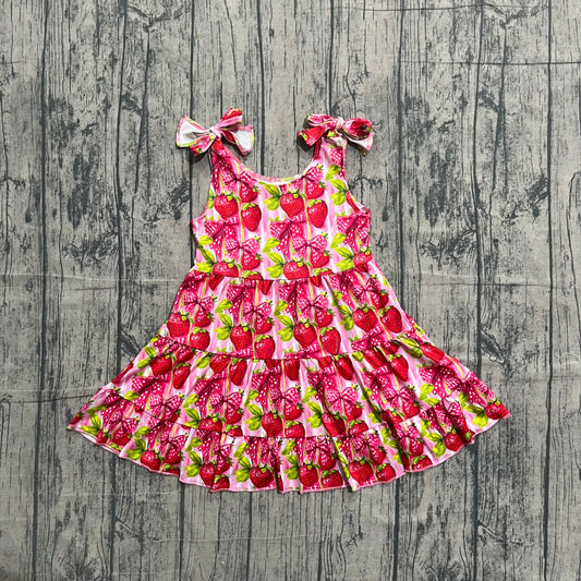 (Sample) No moq milk silk GSD3964 Baby Girls Cute Strap Bow Strawberry Patchwork Knee Length Dresses