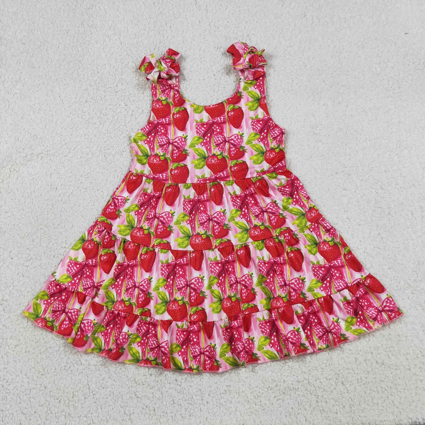 RTS NO MOQ milk silk GSD3964 Baby Girls Cute Strawberry Patchwork Bows Strap Knee Length Dress