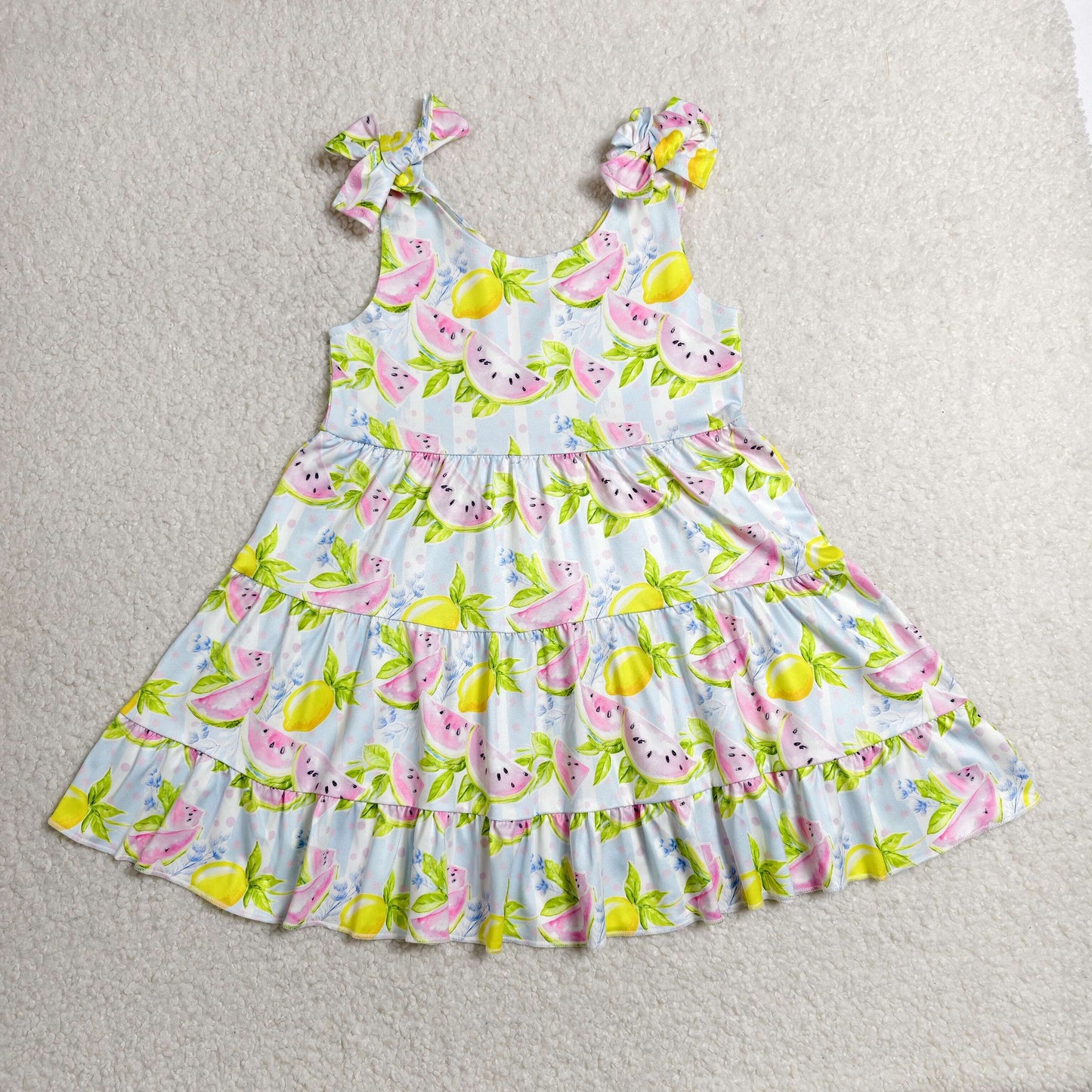 RTS NO MOQ milk silk GSD3965 Baby Girls Summer Fruit Watermelon Lemons Patchwork Strap Dresses