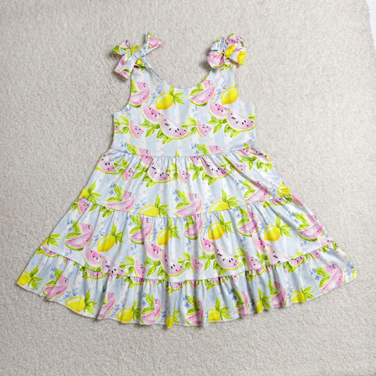 RTS NO MOQ milk silk GSD3965 Baby Girls Summer Fruit Watermelon Lemons Patchwork Strap Dresses
