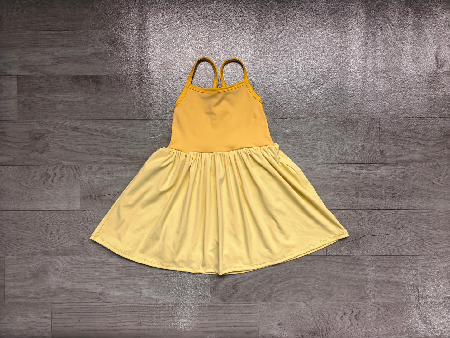 (Sample) No moq GSD3982 Yoga Baby Girls Yellow Patchwork Strap Yoga Skort Knee Length Active Dress