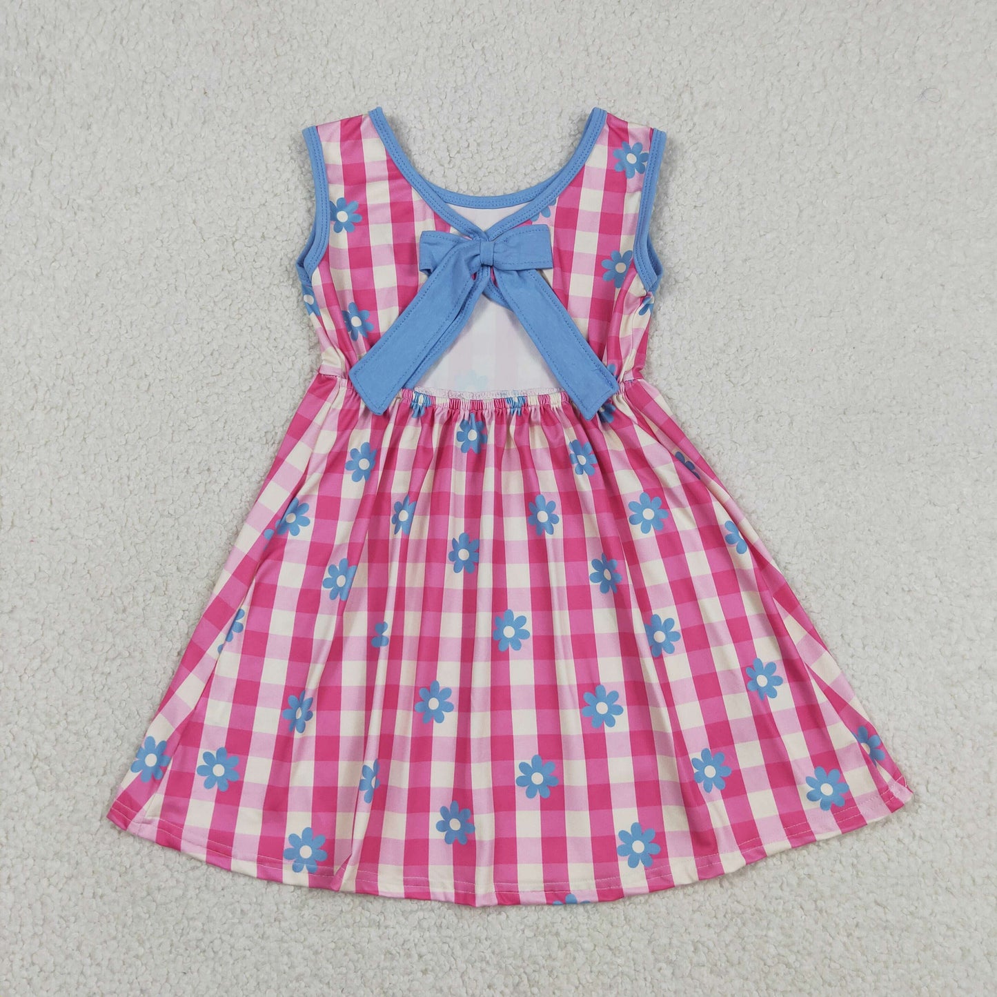 RTS NO MOQ milk silk GSD4007 Baby Girls Sleeveless Pink Checked Flowers Back Bow Knee Length Dresses