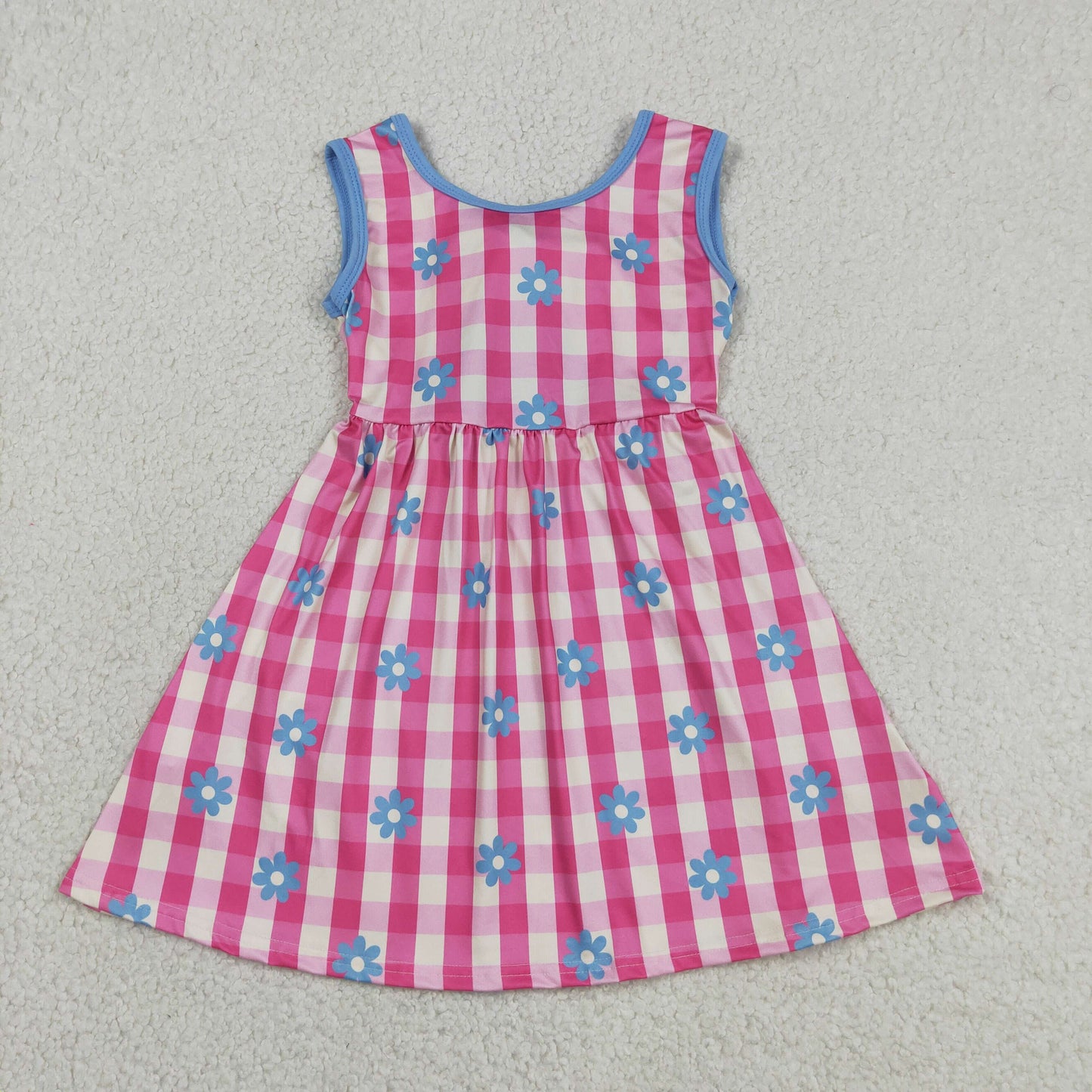 RTS NO MOQ milk silk GSD4007 Baby Girls Sleeveless Pink Checked Flowers Back Bow Knee Length Dresses