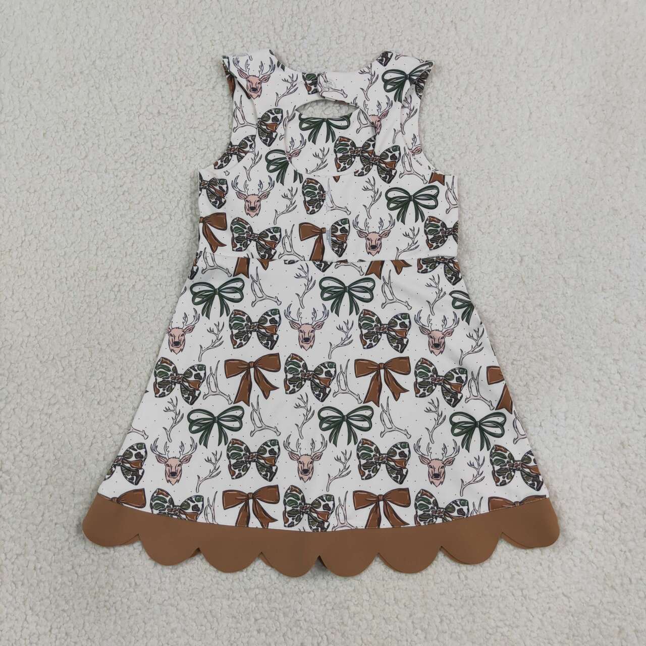 NEW RTS NO MOQ yoga fabric GSD4008 Yoga Baby Girls Camo Bow Deer Print Scallop Knee Length Yoga Active Dress