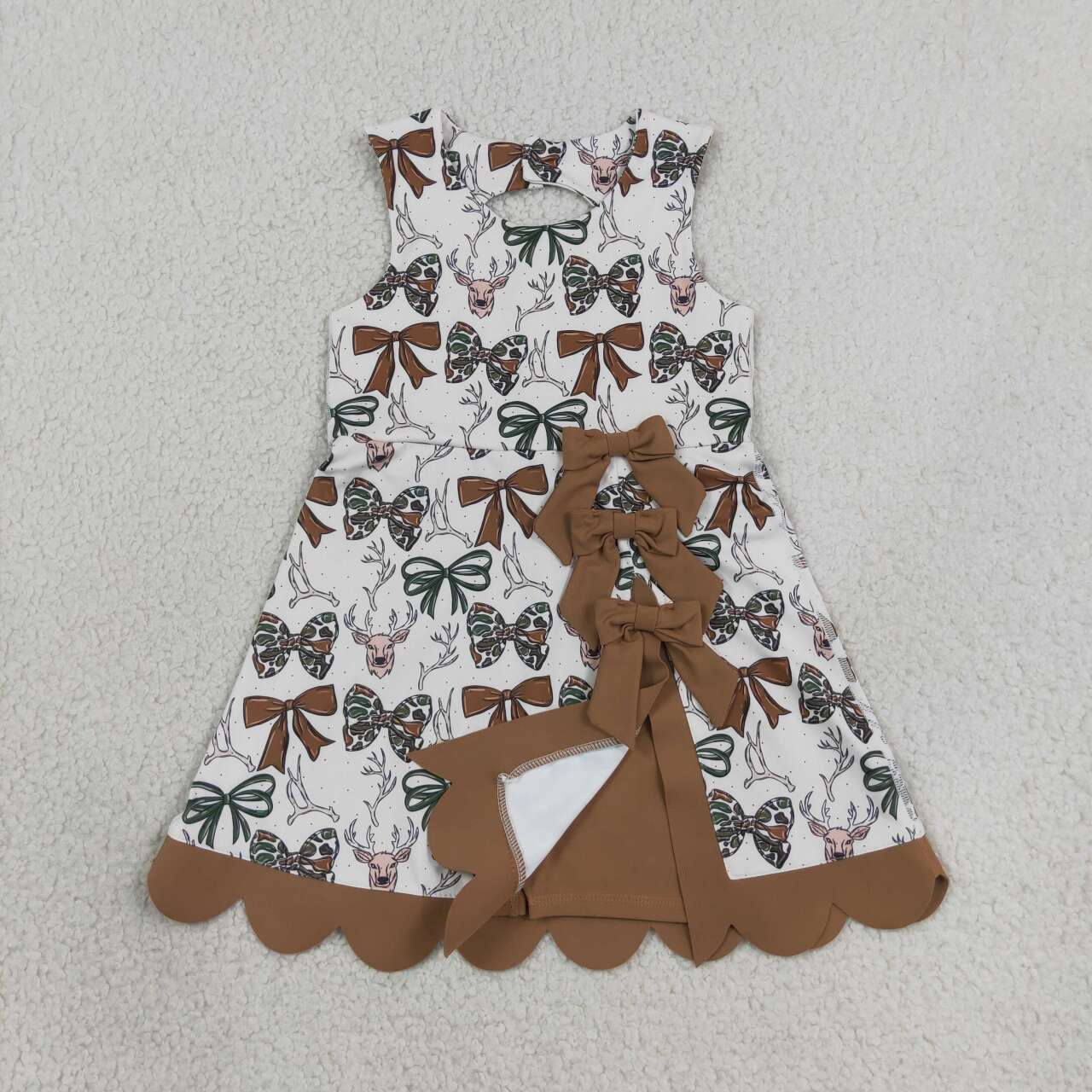NEW RTS NO MOQ yoga fabric GSD4008 Yoga Baby Girls Camo Bow Deer Print Scallop Knee Length Yoga Active Dress