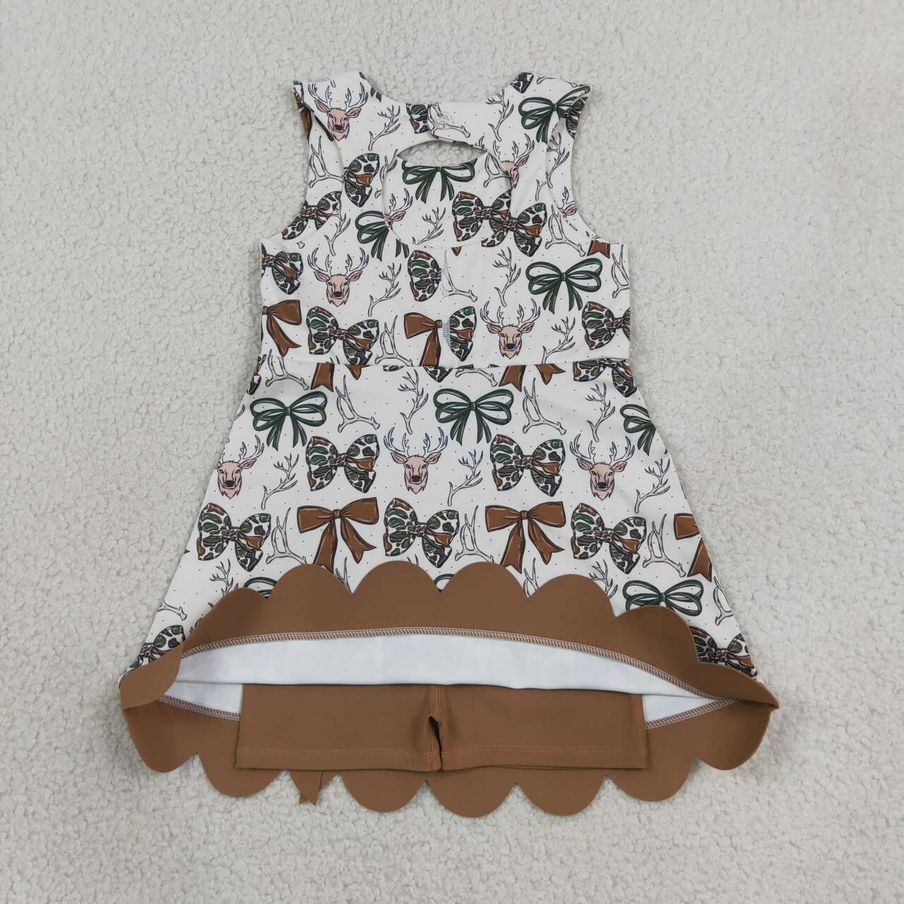 NEW RTS NO MOQ yoga fabric GSD4008 Yoga Baby Girls Camo Bow Deer Print Scallop Knee Length Yoga Active Dress