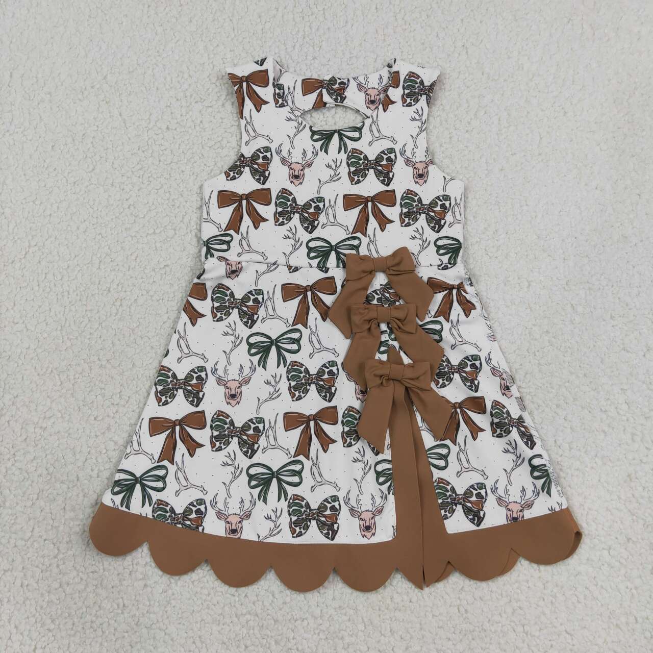 NEW RTS NO MOQ yoga fabric GSD4008 Yoga Baby Girls Camo Bow Deer Print Scallop Knee Length Yoga Active Dress