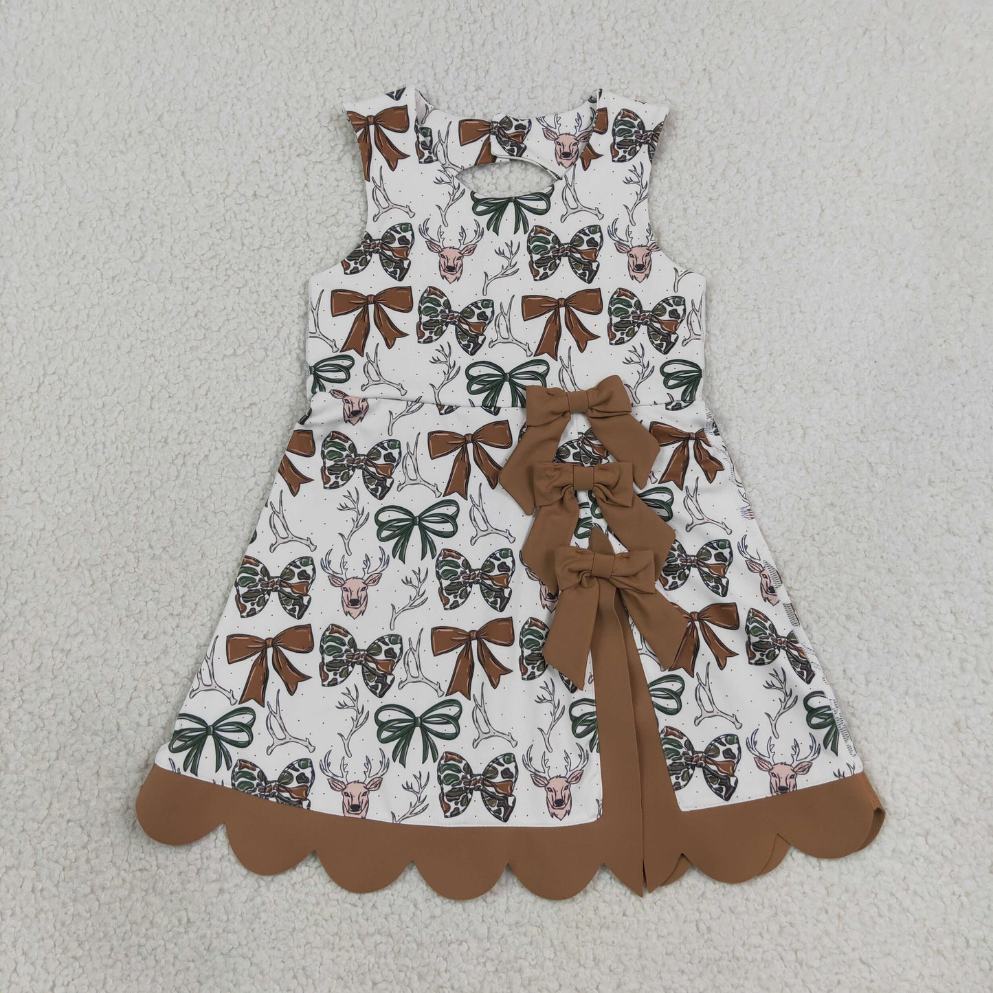 RTS NO MOQ Sibling yoga fabric Baby Girls Camo Bow Print Scallop Knee Length Yoga Active Dress