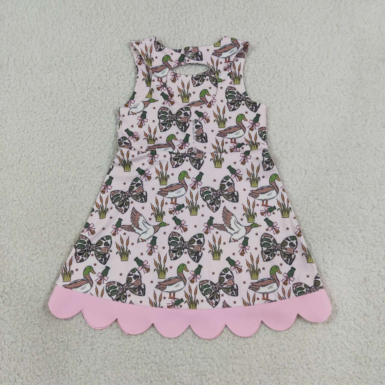 NEW RTS NO MOQ yoga fabric GSD4009 Baby Girls Camo Duck Bow Scallop Trim Knee Length Yoga Dress