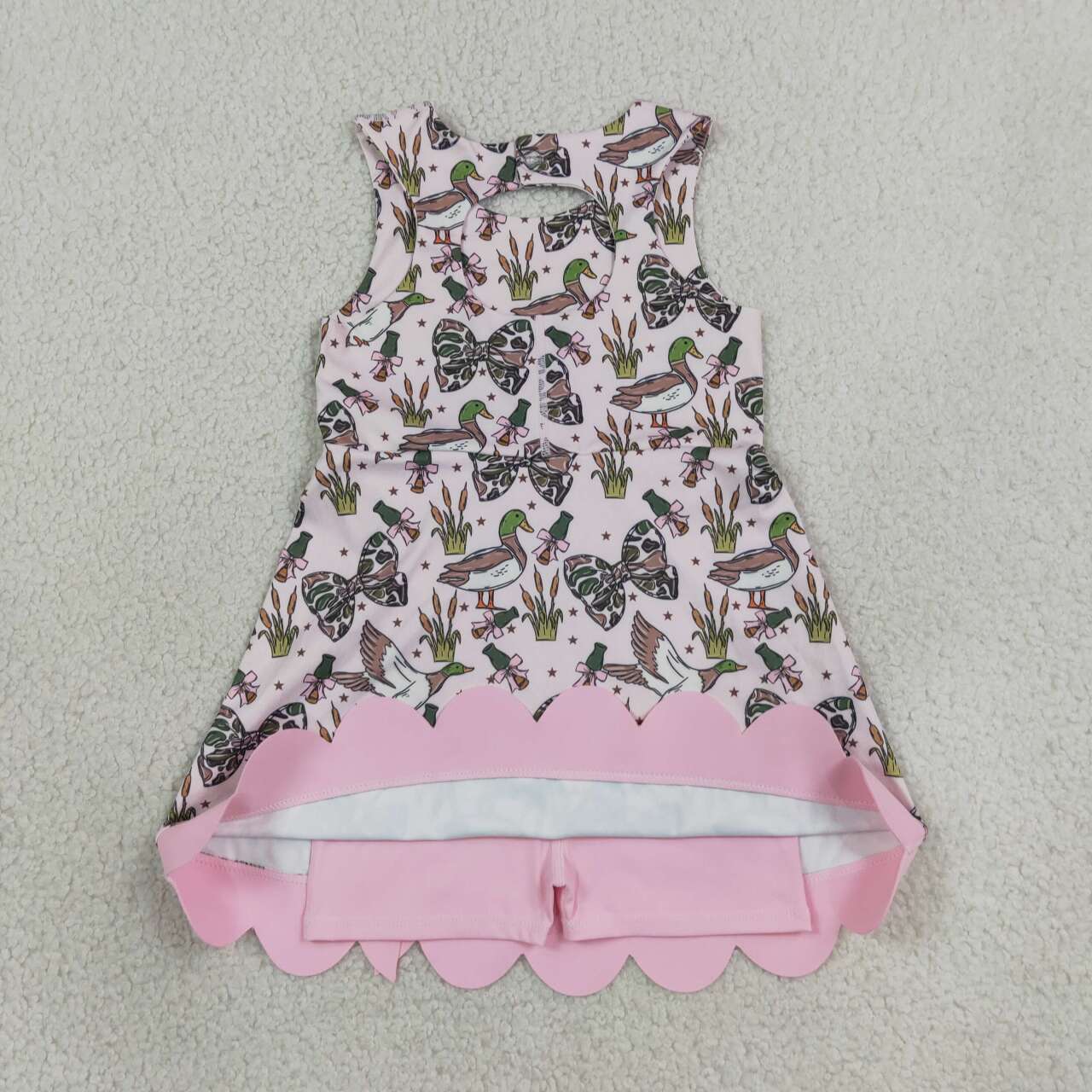 NEW RTS NO MOQ yoga fabric GSD4009 Baby Girls Camo Duck Bow Scallop Trim Knee Length Yoga Dress