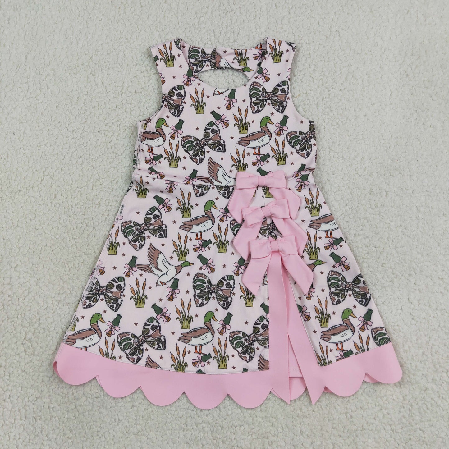 RTS NO MOQ Sibling yoga fabric Baby Girls Camo Bow Print Scallop Knee Length Yoga Active Dress