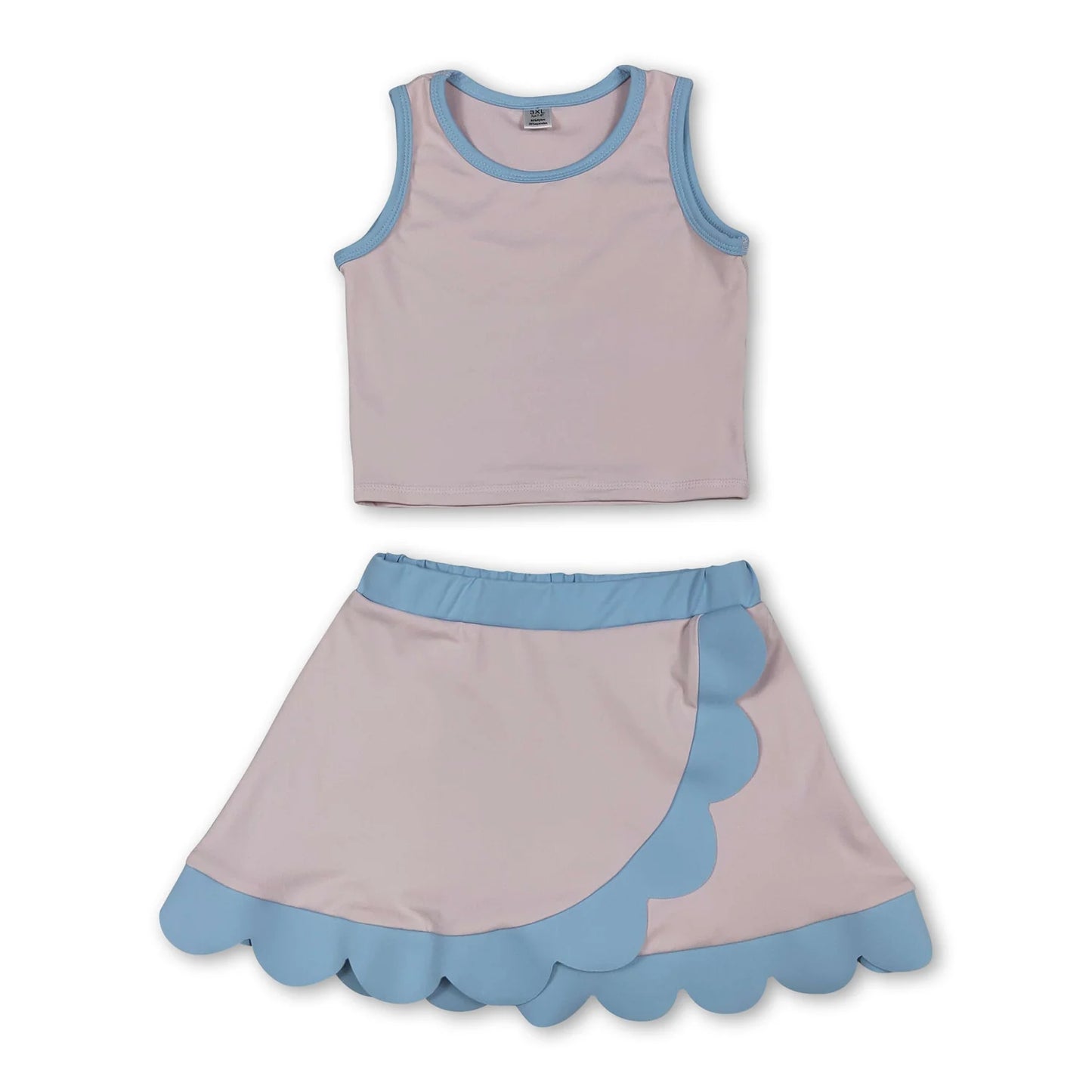 RTS NO MOQ Sibling milk silk Baby Girls Solid Sleeveless Vest Top Scallop Hem Mini Skirt Two Piece Yoga Active Matching Clothes Set
