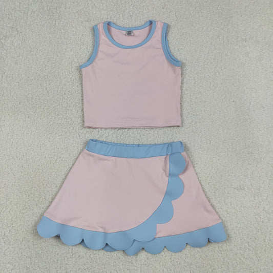 RTS NO MOQ yoga fabric cotton GSD4010 Light Pink Sleeveless Vest Baby Girls Scallop Skirt Casual Yoga Active Sets