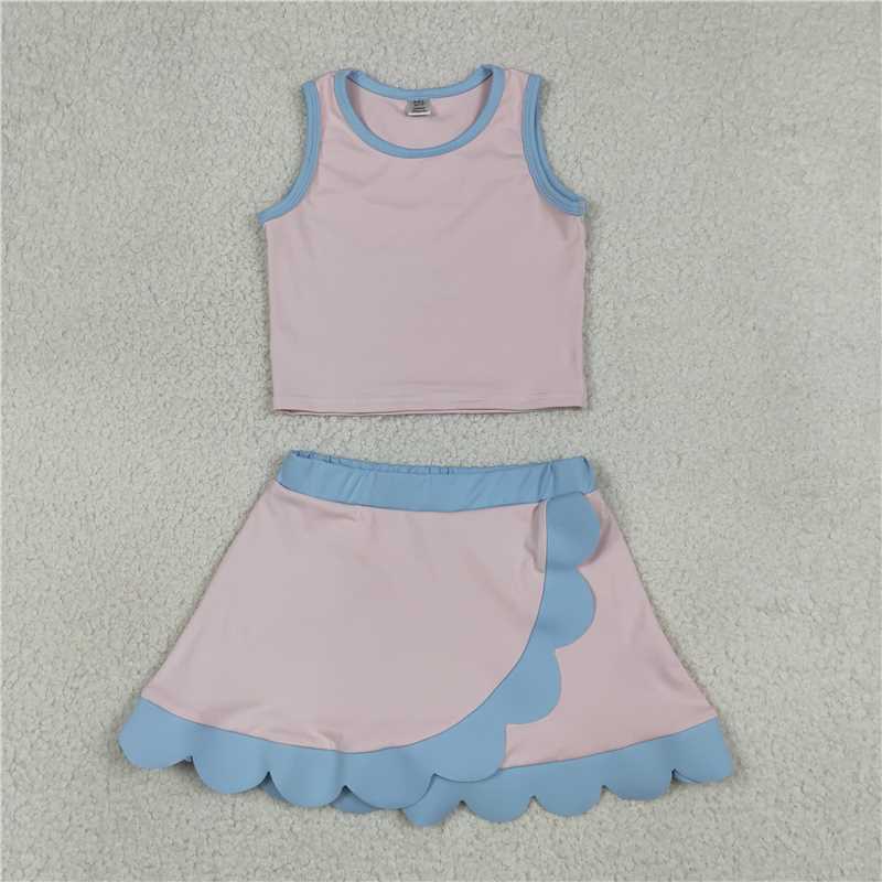 RTS NO MOQ Sibling yoga fabric Baby Girls Sleeveless Vest Scallop Skirt Short Yoga Active  Set