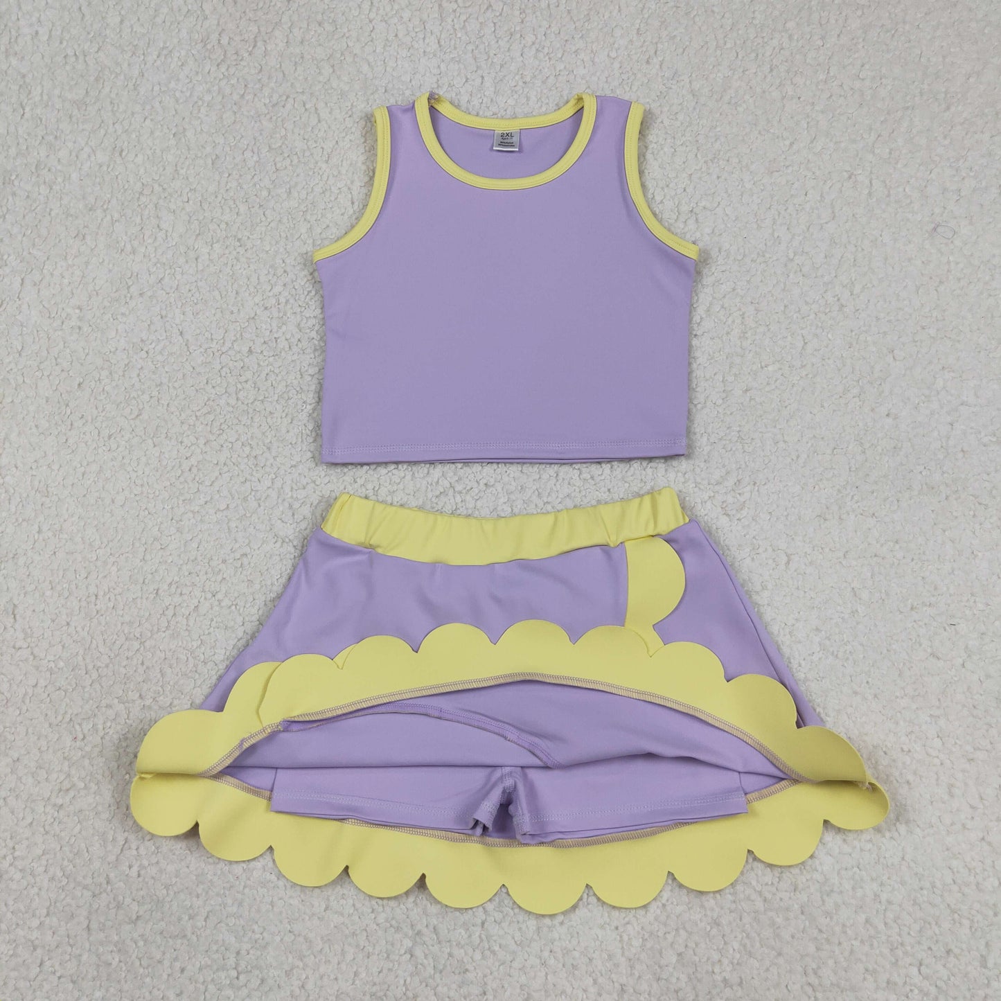 RTS NO MOQ yoga fabric cotton GSD4011 Yoga Toddler Girls Sleeveless Lavender Scallop Skirt Vest Active Wear Set