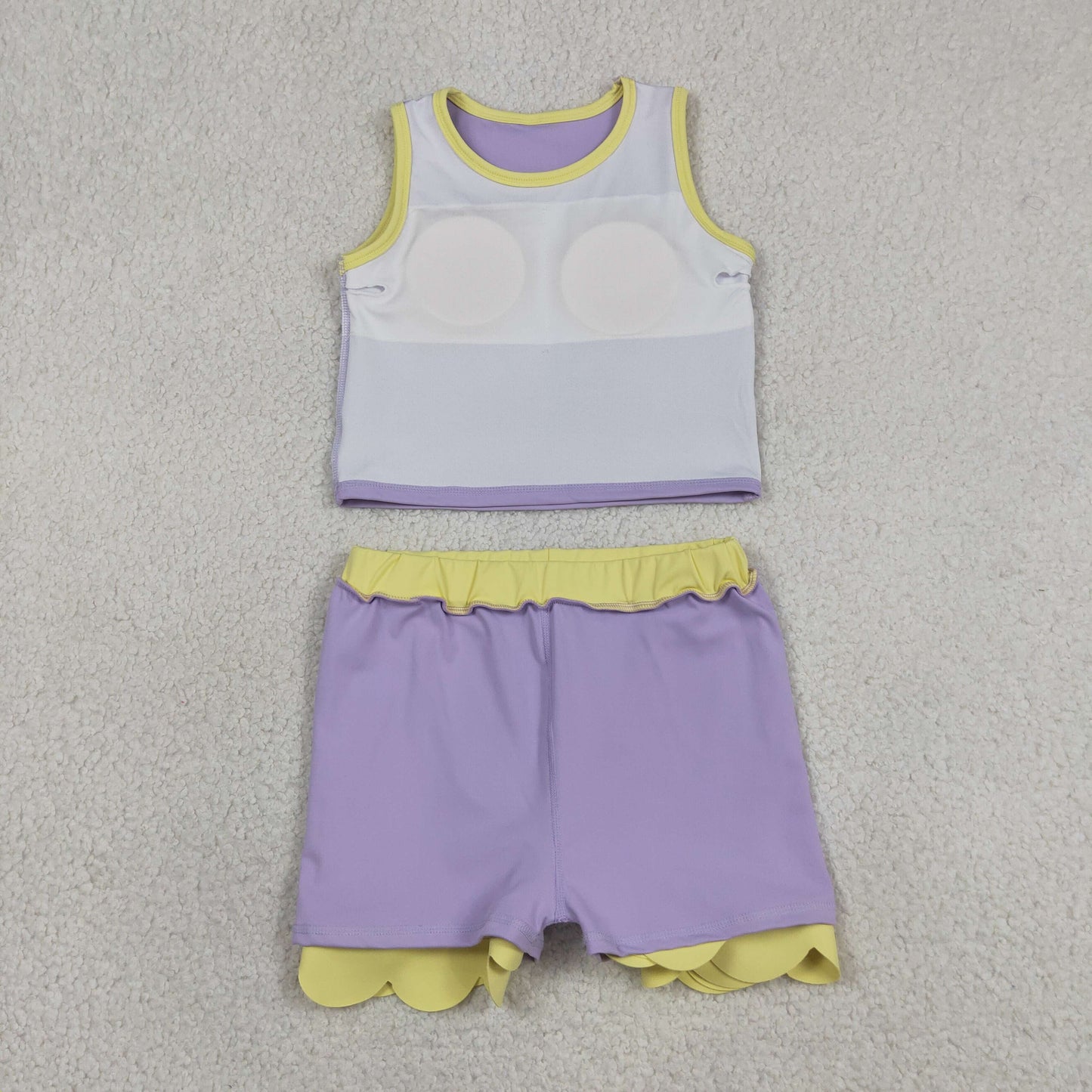 RTS NO MOQ yoga fabric cotton GSD4011 Yoga Toddler Girls Sleeveless Lavender Scallop Skirt Vest Active Wear Set