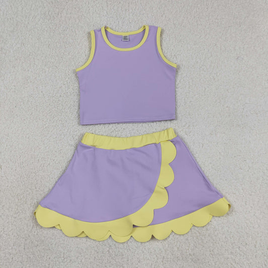 RTS NO MOQ yoga fabric cotton GSD4011 Yoga Toddler Girls Sleeveless Lavender Scallop Skirt Vest Active Wear Set